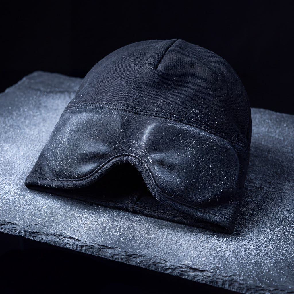 The Nimbus Cap, black cooling gel head wrap, on a frosted slate shelf