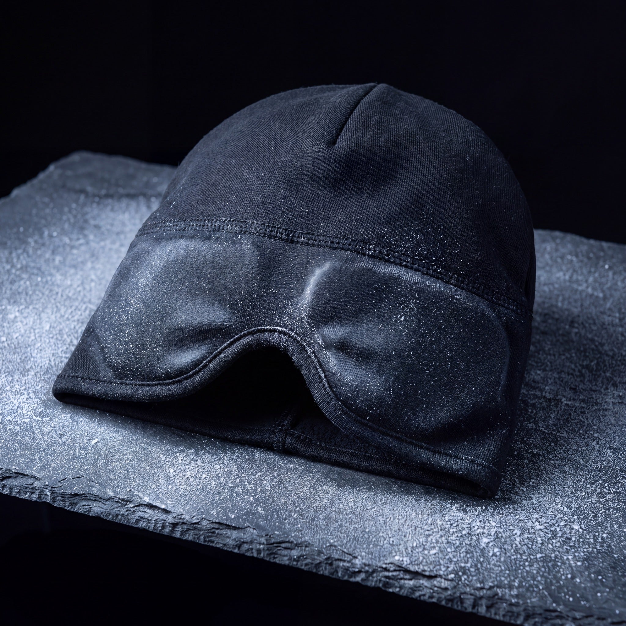 The Nimbus Cap, black cooling gel head wrap, on a frosted slate shelf