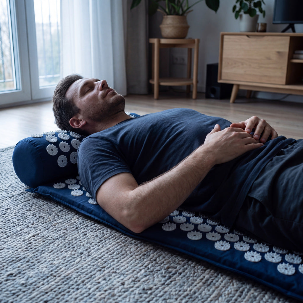 A man lying on the Nimbus Acupressure Mat on a living-room rug, head on the matching pillow