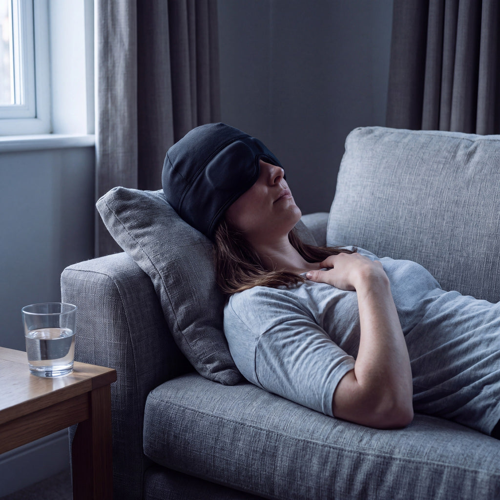 A woman resting on a sofa in a dim room wearing The Nimbus Cap over her eyes
