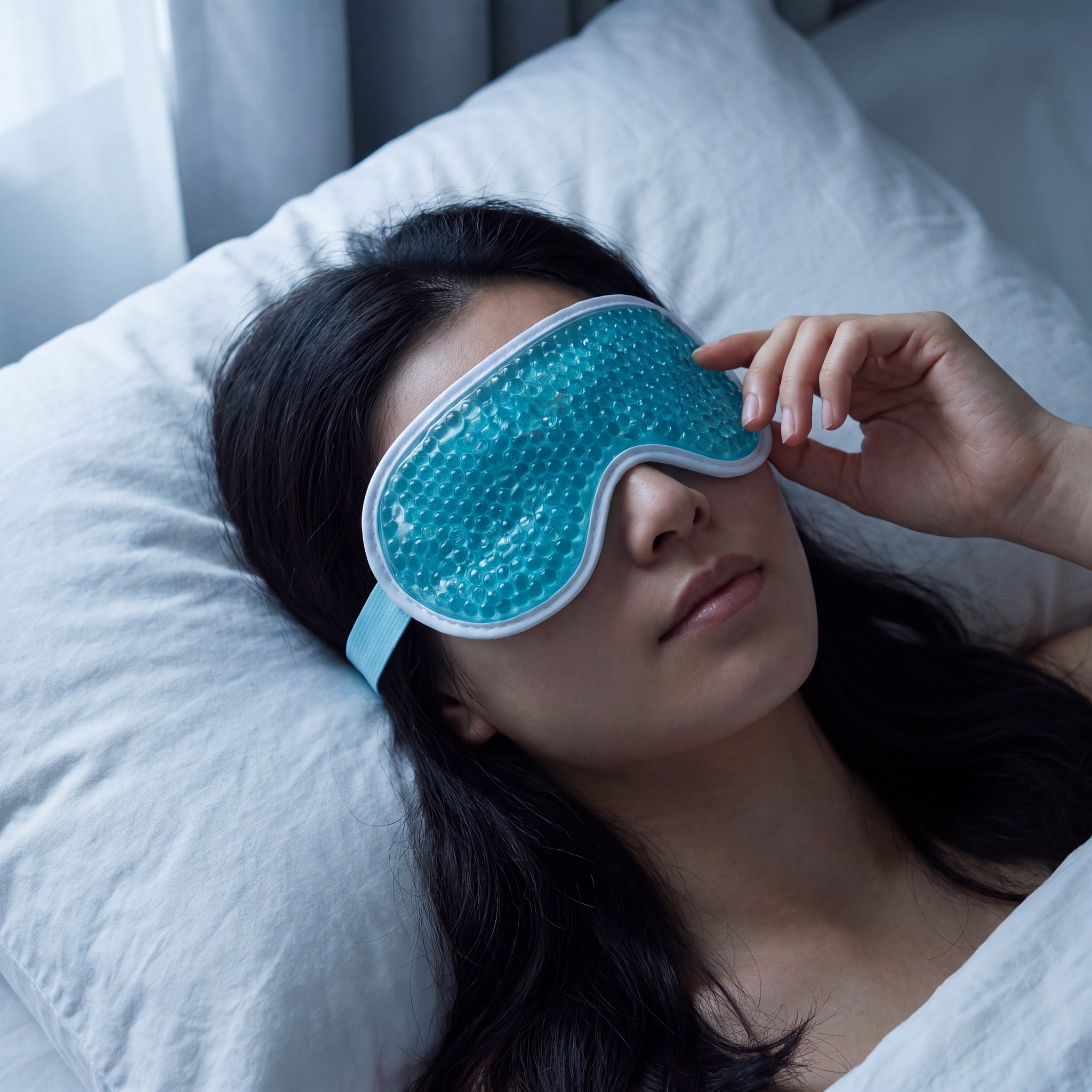A woman lying on a pillow wearing the Nimbus Cold Gel Eye Mask