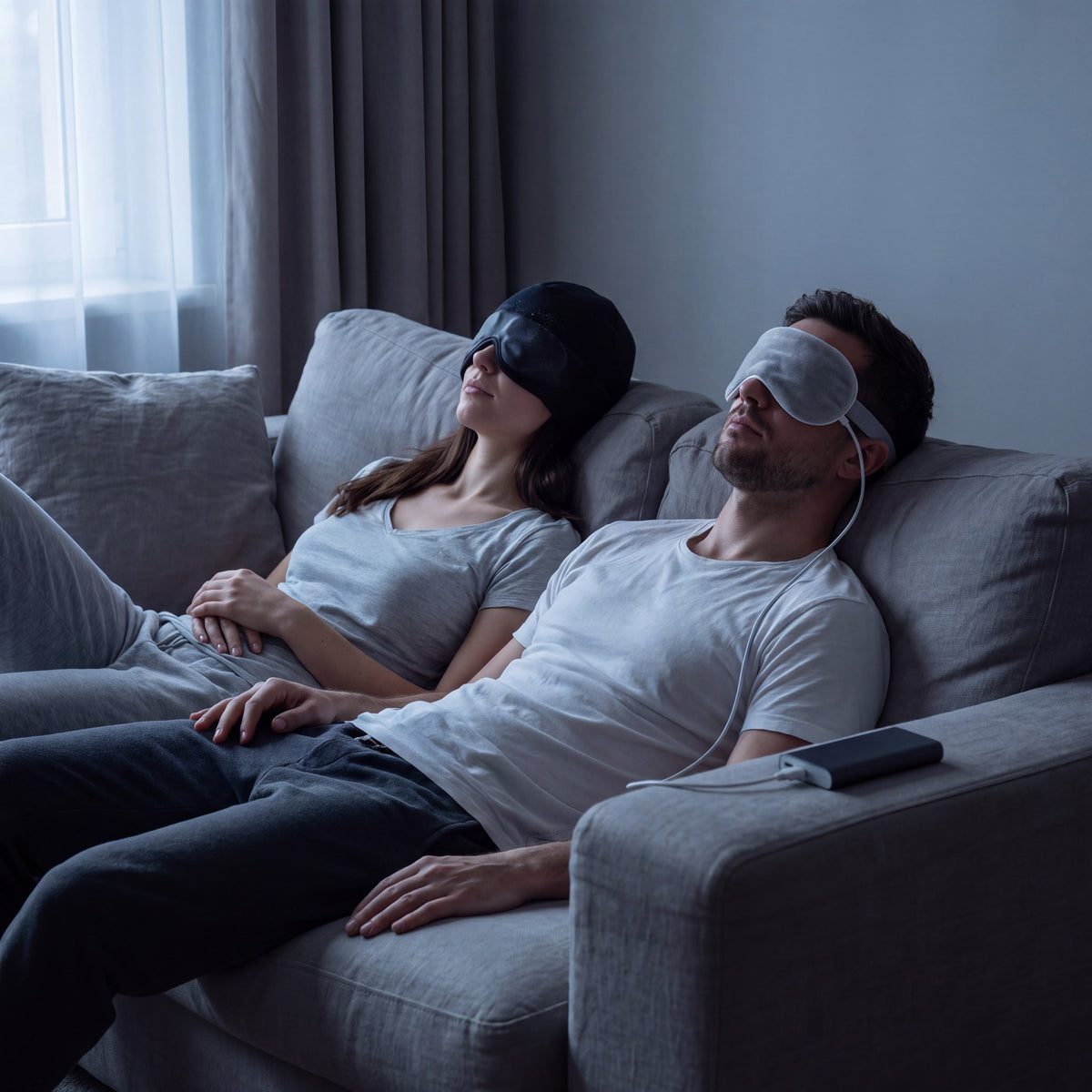 Nimbus Duo in use: a woman wearing The Nimbus Cap and a man wearing the Warm Eye Mask on a sofa