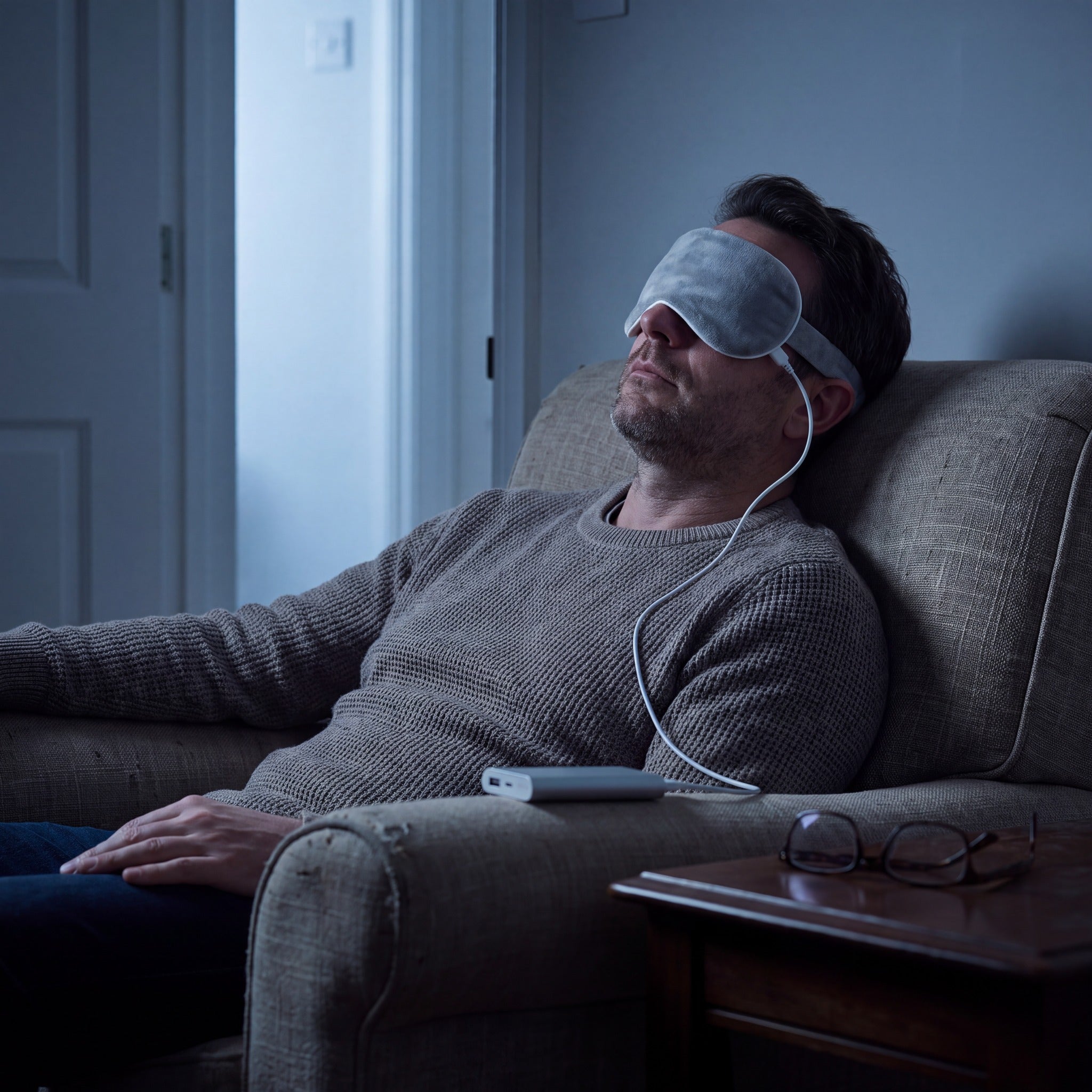 A man reclining in an armchair at night wearing the Nimbus Warm Eye Mask, cable running to a power bank