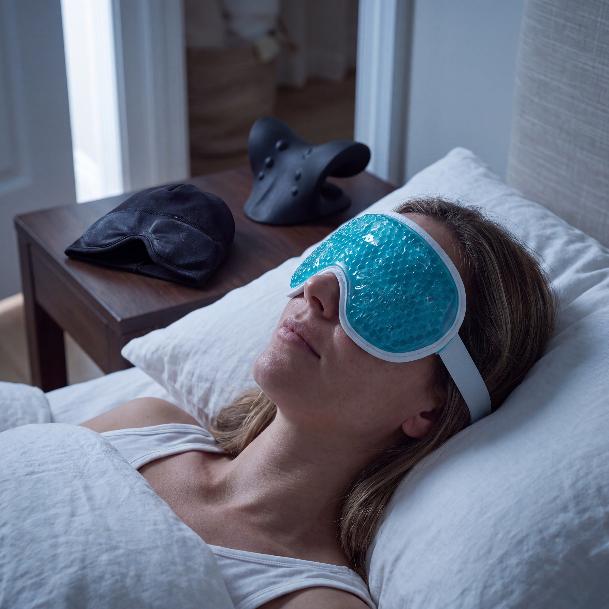 Nimbus Relief Kit in use: cold gel eye mask on, cap and neck stretcher on the bedside table