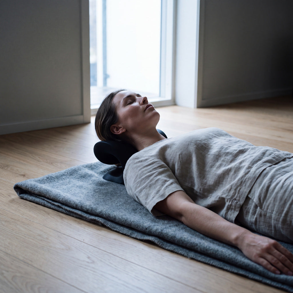 A woman lying on a blanket on the floor with the Nimbus Neck Stretcher under her neck