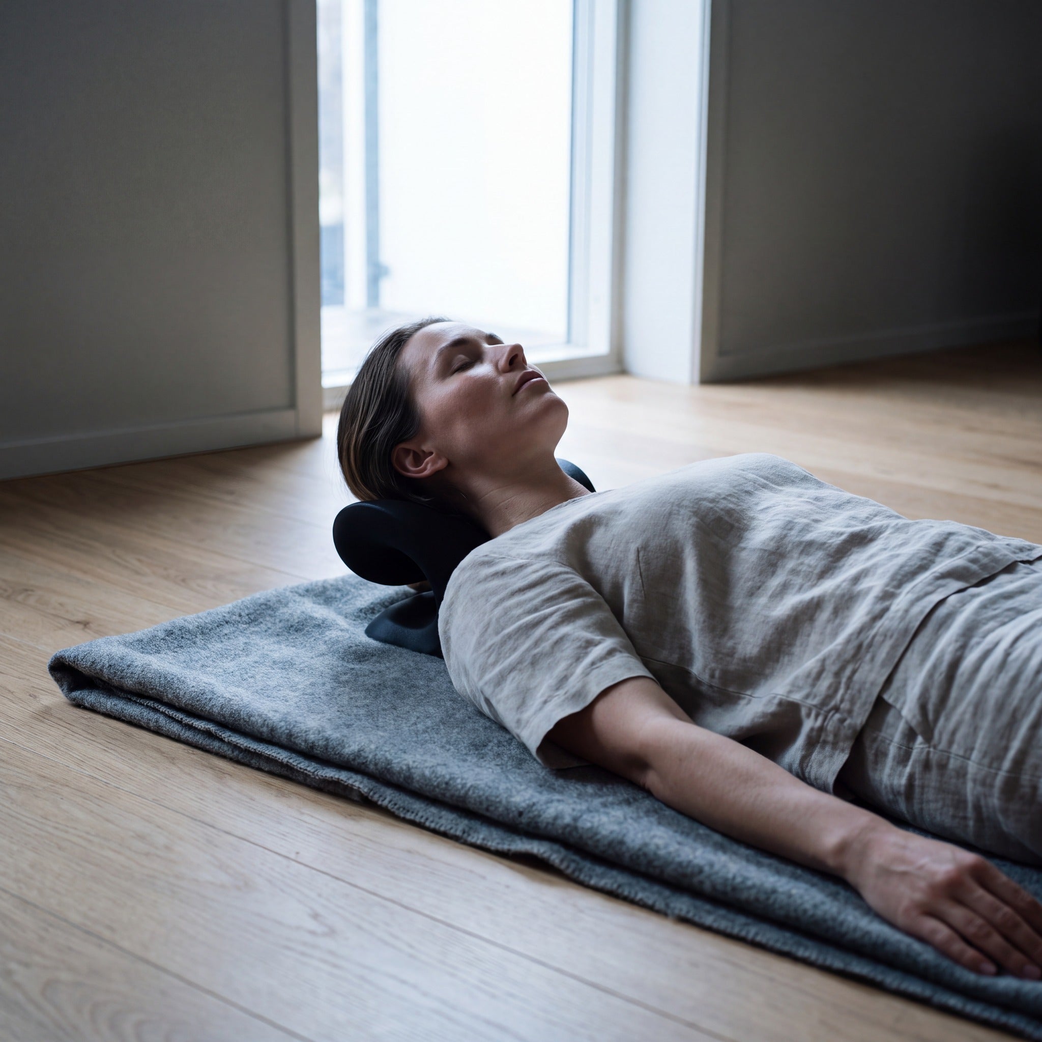 A woman lying on a blanket on the floor with the Nimbus Neck Stretcher under her neck