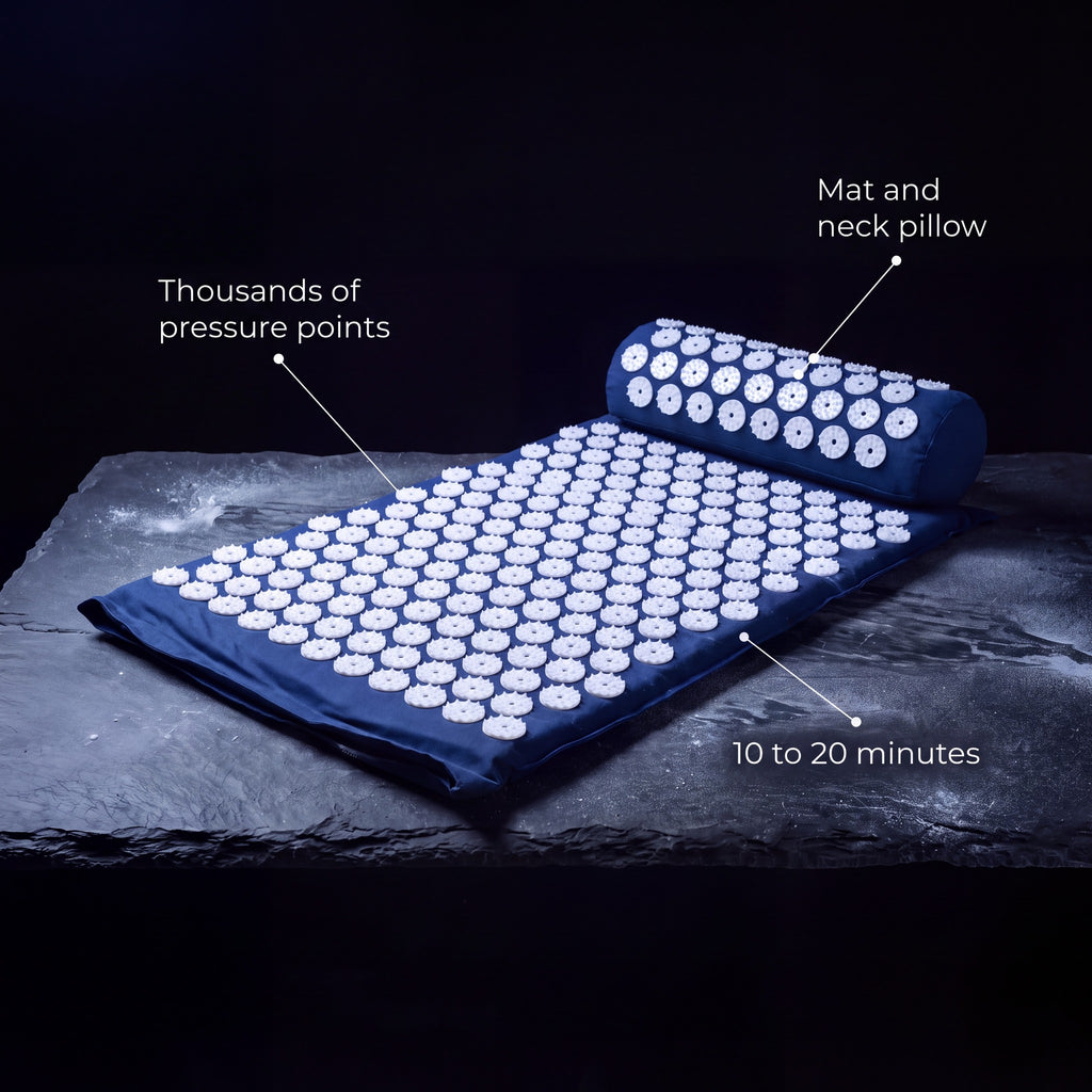 Nimbus Acupressure Mat: thousands of pressure points, 10 to 20 minutes, mat and neck pillow