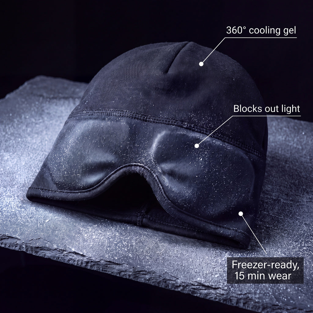 The Nimbus Cap: 360° cooling gel, blocks out light, freezer-ready, 15 minute wear