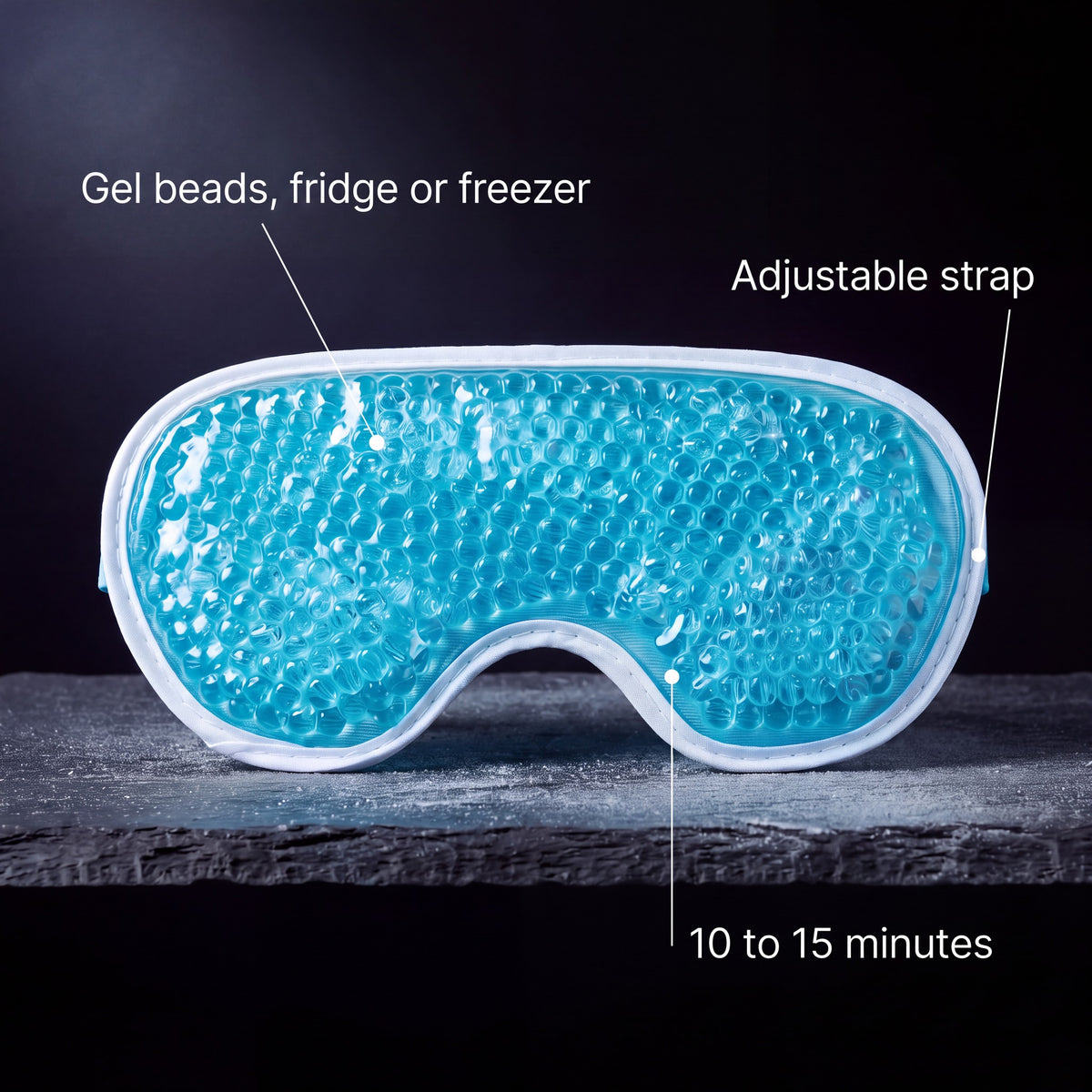 Nimbus Cold Gel Eye Mask: gel beads for fridge or freezer, adjustable strap, 10 to 15 minutes