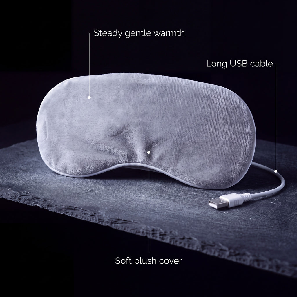 Nimbus Warm Eye Mask: steady gentle warmth, long USB cable, soft plush cover