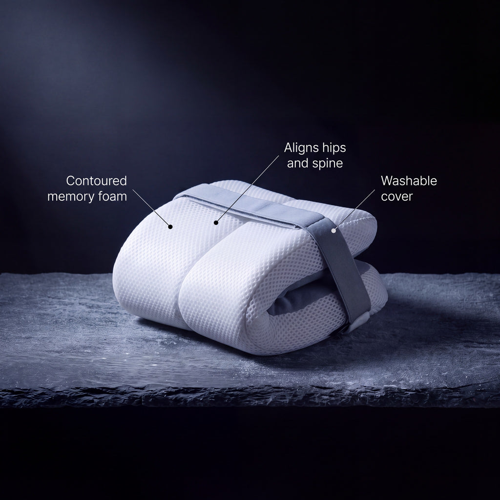 Nimbus Knee Pillow: contoured memory foam, aligns hips and spine, washable cover