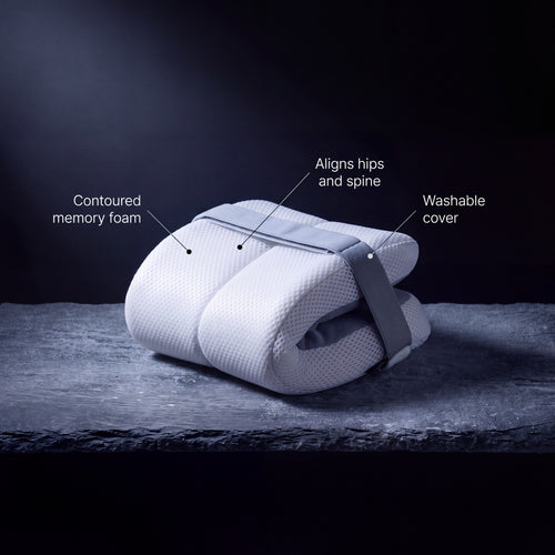 Nimbus Knee Pillow: contoured memory foam, aligns hips and spine, washable cover