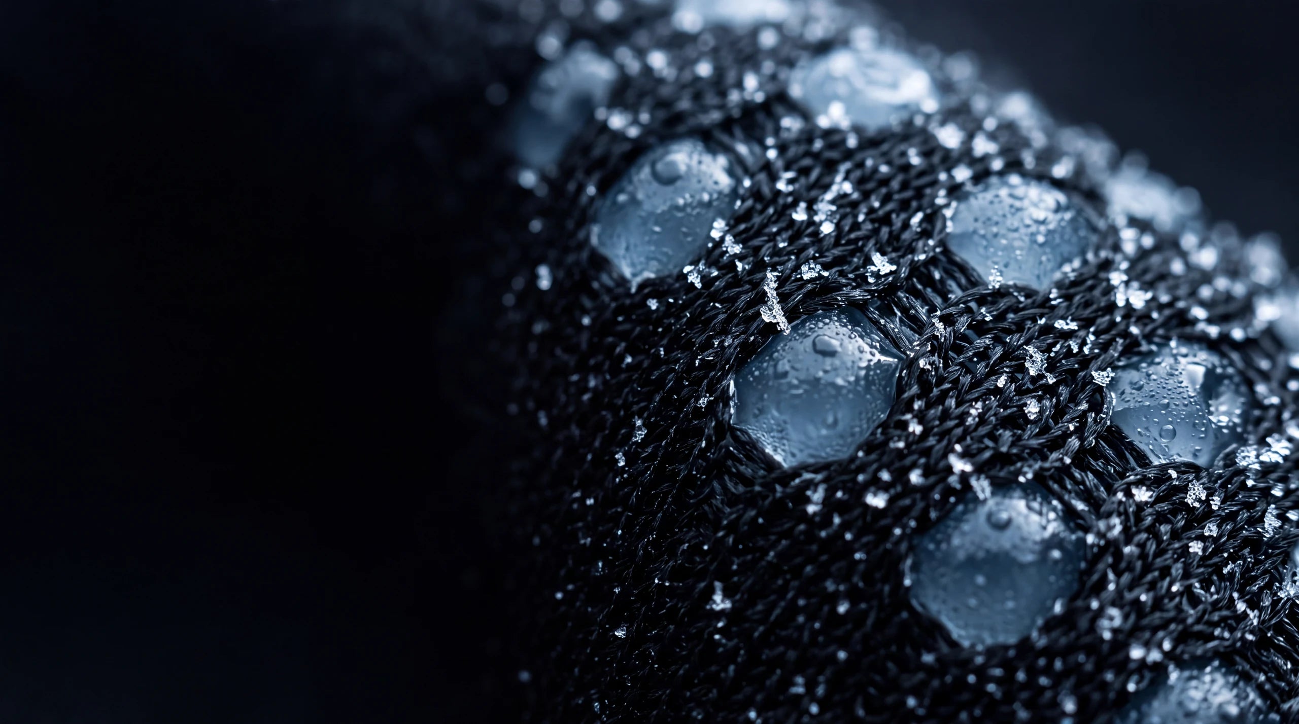 Extreme close-up of the cap's black knit with the cooling gel cells showing through and frost on the fibres.