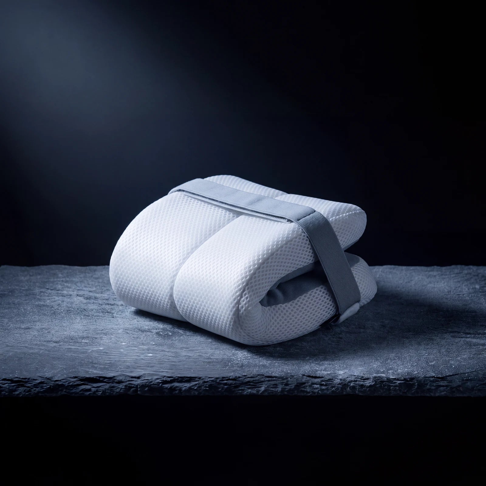 White contoured knee pillow with strap on a slate shelf